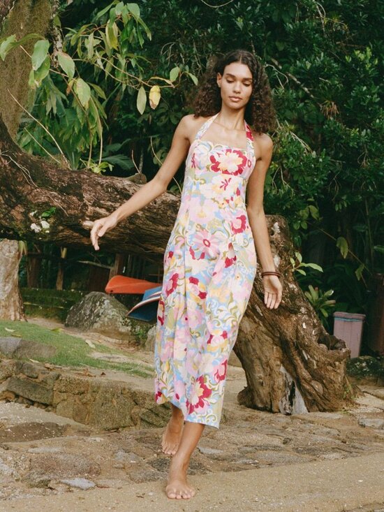 Zara Dresses & Skirts - Zara Printed Linen Blend Midi Dress Halter Neck Floral Summer Beachy Size M